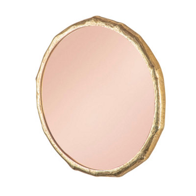 Green Decore Zenith Organic Circular Brass Wall Mirror With Pink glass Mirror For Hallway Metal Frame, Brass, 61cm Round
