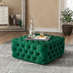 Green Deep Buttoned Square Velvet Footstool Coffee Table 82cm W x 82cm D x 40cm H