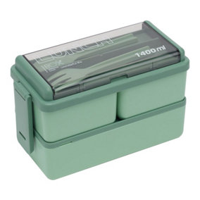 Green Dual Layer Plastic Bento Lunch Box with Cutlery