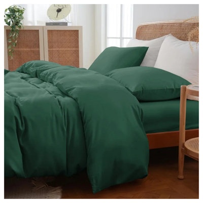 Green Duvet Cover Set Plain Reversible 4PC Duvets Quilts Covers Fitted Sheet & Pillowcases