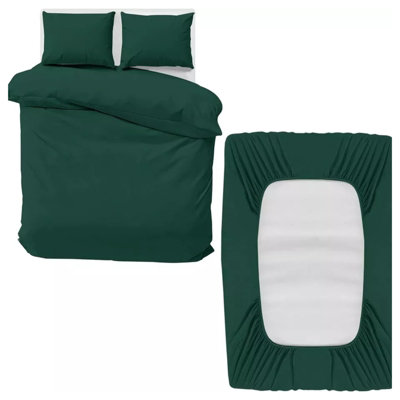 Green Duvet Cover Set Plain Reversible 4PC Duvets Quilts Covers Fitted Sheet & Pillowcases