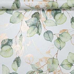 Green Ecualyptus Floral Wallpaper White Gold Metallic Light Green Leaves Smooth