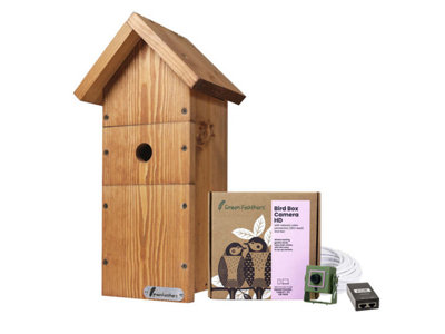 Green Feathers Wired Network 1080p HD Camera and Large Wooden Bird Box Starter Pack