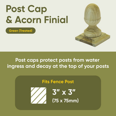 Green Fence Post Cap & Acorn Finial 100 x 100mm - Fits 3 x 3" Square Posts (FREE DELIVERY)