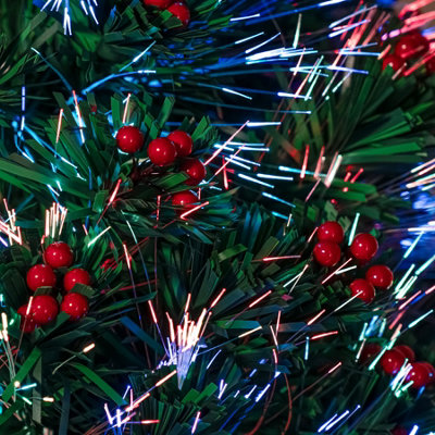 Green Fibre Optic Christmas Tree 7ft with Multi Coloured Fibre Optic Lights and Red Berries