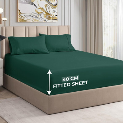 Green Fitted Sheet Soft Anti Allergy Single Super King Size 40cm Extra Deep Plain Bed Sheets Easy Care Washable