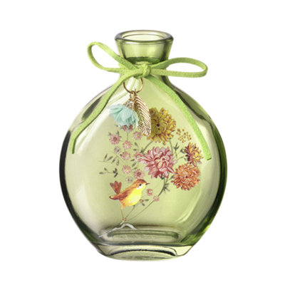 Green Floral Pattern Decorative Bottle with Bow And Leaf Charm (H) 11 cm