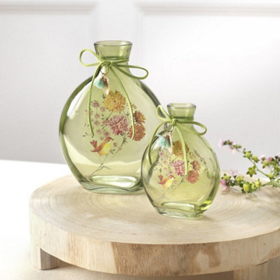 Green Floral Pattern Decorative Bottle with Bow And Leaf Charm (H) 11 cm