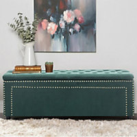 Green Frosted Velvet Ottomans Buttoned Storage Bench