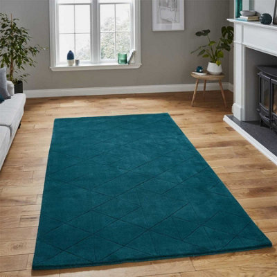 Green Geometric Luxurious Modern Plain Wool Chequered Rug For Bedroom & Living Room-120cm X 170cm