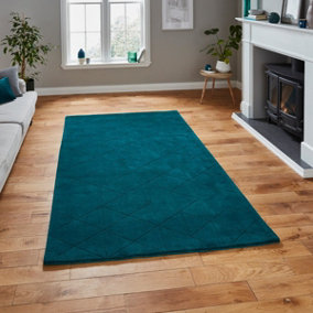 Green Geometric Luxurious Modern Plain Wool Chequered Rug For Bedroom & Living Room-120cm X 170cm