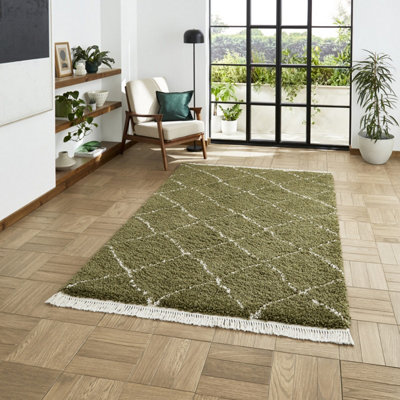 Green Geometric Shaggy Rug, Stain-Resistant 45mm Thick Modern Rug for Bedroom, Living Room, & Dining Room-60cm X 230cm