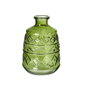 Green Glass Aztec Pattern Vase (Height) 15 cm - Ideal for a Christmas Table Centrepiece