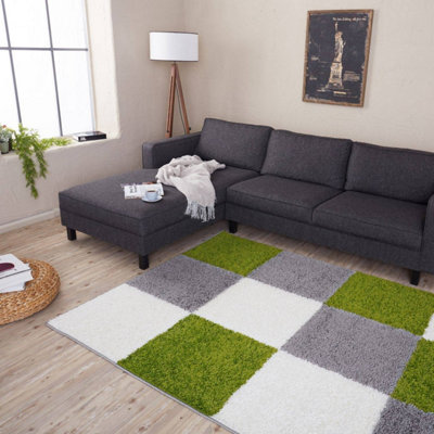 Green Grey and Ivory Soft Checkerboard Design Fluffy Shaggy Rugs and ...