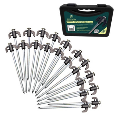 GREEN HAVEN 20 Pack Galvanised Stainless Steel Hard Ground Tent Pegs with Storage Case, Heavy Duty Tent Pegs and Awning Pegs