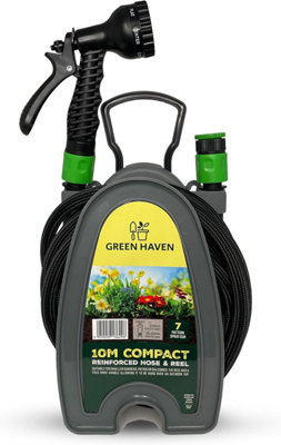 Green Haven Compact Hose Reel - Lightweight & Durable Reinforced 30ft Garden Hose Reel with 7 Adjustable Spray Gun Nozzles