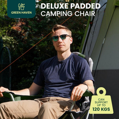 Green Haven Deluxe Padded Camping Chairs Set of 2 Heavy-Duty Folding Chair Hold up to 120kg Flat Feet Comfortable Beach & Camping