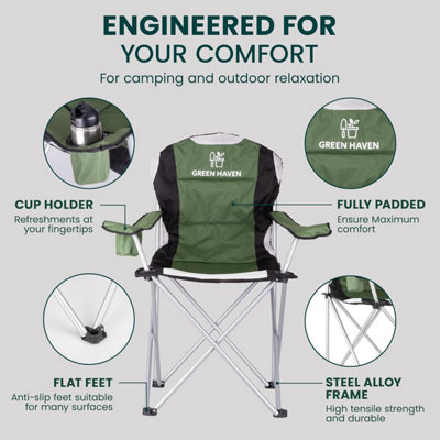 Green Haven Deluxe Padded Camping Chairs Set of 2 Heavy-Duty Folding Chair Hold up to 120kg Flat Feet Comfortable Beach & Camping