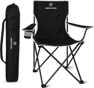 Green Haven Folding Camping Chair Black/White 2x Lightweight Picnic Chair Cup Holder Polyester Rip Stop Heavy Duty Steel Frame Arm