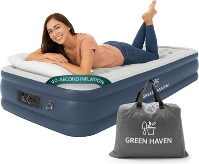Green Haven Raised Single Air Bed Built in Electric Pump Self Inflating Blow-Up Mattress Storage Bag Camping Waterproof & Durable