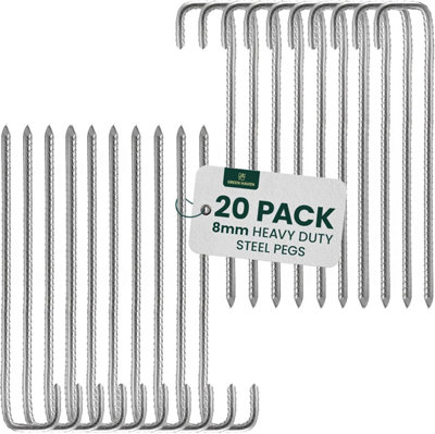 GREEN HAVEN Ultra-Strong Heavy Duty Tent Pegs Pack of 20 - Extra Thick Tent Metal Camping Pegs, Rust Proof J-Pin 8mm Thick Peg