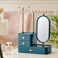 Green Jewelry Organizer Makeup Storage Box with Mirror Hanging Rod Necklace Earring Display