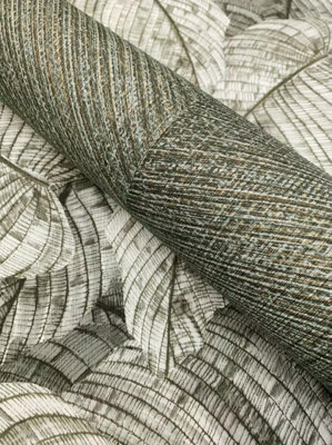 GREEN LEAF NON-WOVEN WALLPAPER BY RASCH IN GREEN/GREY 720549