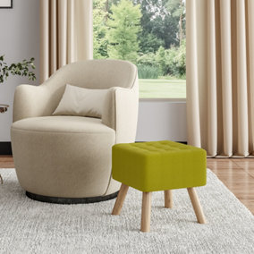Green Linen Upholstered Padded Footstool Footrest with Wooden Legs W 395 x D 395 x H 400 mm