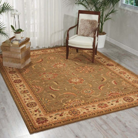 Green Luxurious Traditional Wool Floral Bordered Rug for Bedroom & Living Room-76cm X 129cm