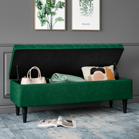 Green Modern Velvet Upholstered Storage Ottoman Bench with Padded Wood Legs W 1260 x D 440 x H 460 mm