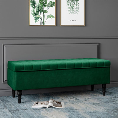 Green Modern Velvet Upholstered Storage Ottoman Bench with Padded Wood Legs W 1260 x D 440 x H 460 mm