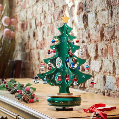 Green Musical Spinning Tree Ornament Wooden Festive Christmas Decoration with Wind Up Mechanism to Rotate Play Music