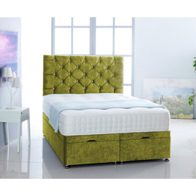 Green  Naples Velvet Foot Lift Ottoman Bed With Memory Spring Mattress And Headboard 2FT6 Small Single