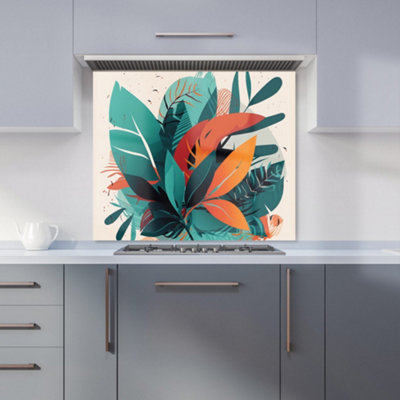 Green Orange Tropical Leaves Premium Glass Kitchen Splashback W700mm x H650mm