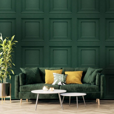 Green Panel Effect Wallpaper 3D Wood Effect Smooth Matte Finish Oliana Belgravia