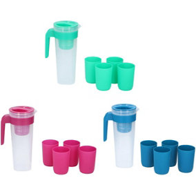 Green Plastic Jug Pitcher Set 1Litre Coloured Lid with 4x Cups For Water Fridge Picnic