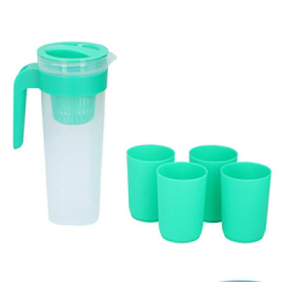 Green Plastic Jug Pitcher Set 1Litre Coloured Lid with 4x Cups For Water Fridge Picnic
