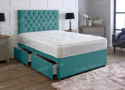 Green Plush 4ft Small Double Divan Bed With Mattress And Headboard 4 ...