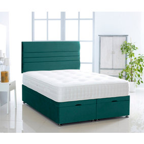 Green Plush Foot Lift Ottoman Bed With Memory Spring Mattress And  Horizontal  Headboard 3FT Single