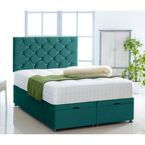 Green Plush Foot Lift Ottoman Bed With Memory Spring Mattress And  Studded  Headboard 3FT Single