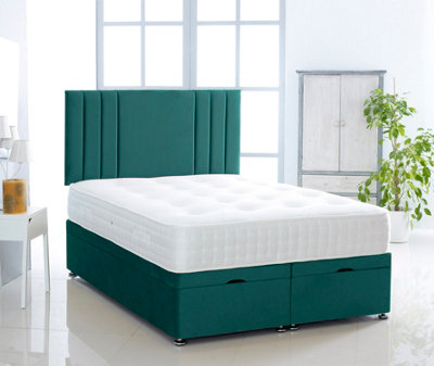 Green Plush Foot Lift Ottoman Bed With Memory Spring Mattress And  Vertical  Headboard 2FT6 Small Single