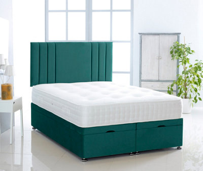 Green Plush Foot Lift Ottoman Bed With Memory Spring Mattress And  Vertical  Headboard 4.0FT Small Double