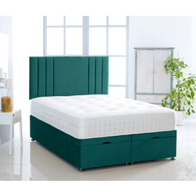 Green Plush Foot Lift Ottoman Bed With Memory Spring Mattress And  Vertical  Headboard 4FT6 Double