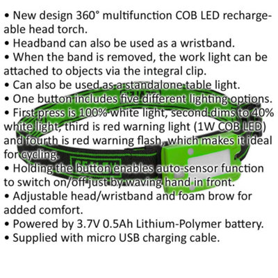 Green Rechargeable Head Torch - Adjustable Band - Automatic Sensor - 2W COB LED