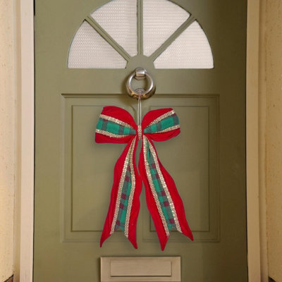 Green & Red Hanging Door Bow Christmas Decoration