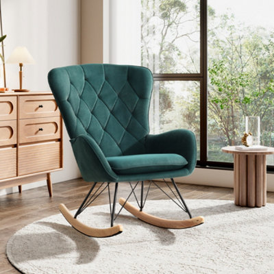 Green Rocking Chair Upholstered Glider Rocker with Removable Padded Sea Comfy Accent Chair for Living Room