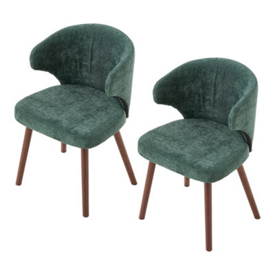 Green Set of 2 Chenille Dining Chairs with Ergonomic Backrest and Oak Wood Legs