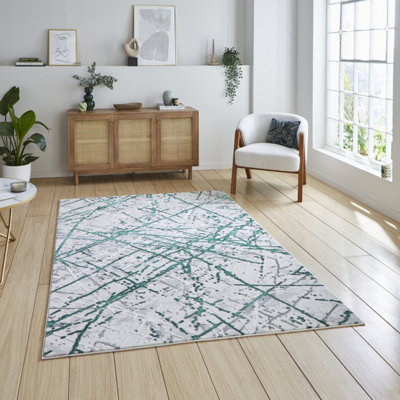 Green Silver Abstract Modern Easy To Clean Rug For Living Room Bedroom & Dining Room-80cm X 150cm