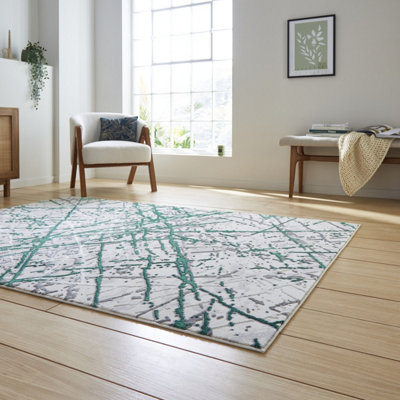 Green Silver Abstract Modern Easy To Clean Rug For Living Room Bedroom & Dining Room-80cm X 150cm