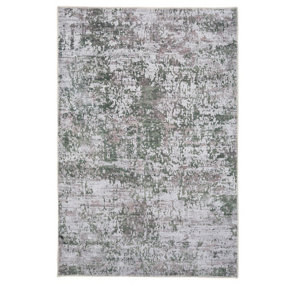 Green Silver Distressed Abstract Anti Slip Washable Rug 120x170cm